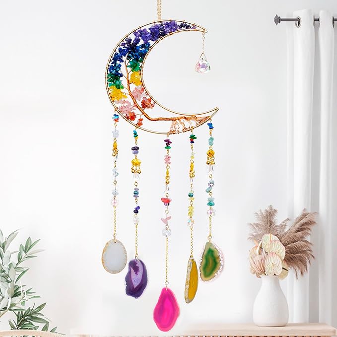 7 Chakra Crystal Wind Chimes, Moon Shaped Dream Catcher, Sun Catchers, Healing Crystal Decor, Reiki, Feng Shui Metal Art Wall Decor for Room, Bedroom, Home, Unique Gifts for Women for Good Luck
