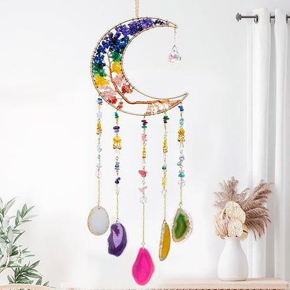 7 Chakra Crystal Wind Chimes, Moon Shaped Dream Catcher, Sun Catchers, Healing Crystal Decor, Reiki, Feng Shui Metal Art Wall Decor for Room, Bedroom, Home, Unique Gifts for Women for Good Luck
