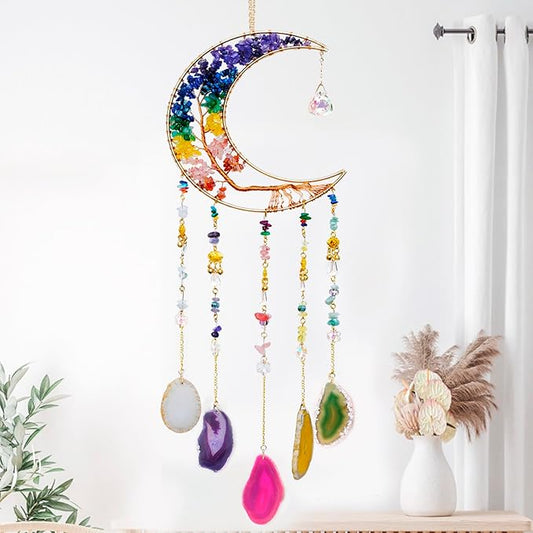 7 Chakra Crystal Wind Chimes, Moon Shaped Dream Catcher, Sun Catchers, Healing Crystal Decor, Reiki, Feng Shui Metal Art Wall Decor for Room, Bedroom, Home, Unique Gifts for Women for Good Luck