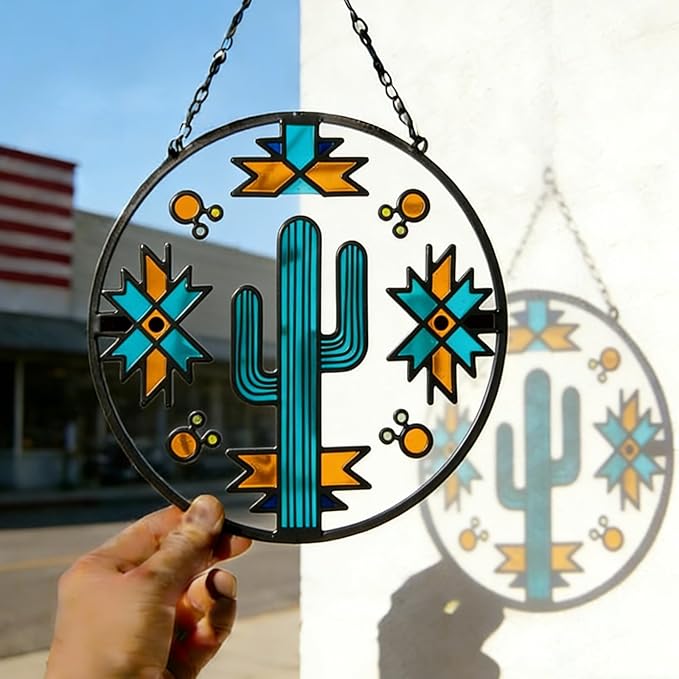 8" Sun Catcher Stained Glass Stained Glass Window hangings - Saguaro Cactus Navajo Geometric Design - Southwest Desert Style Decor for Home & Porch