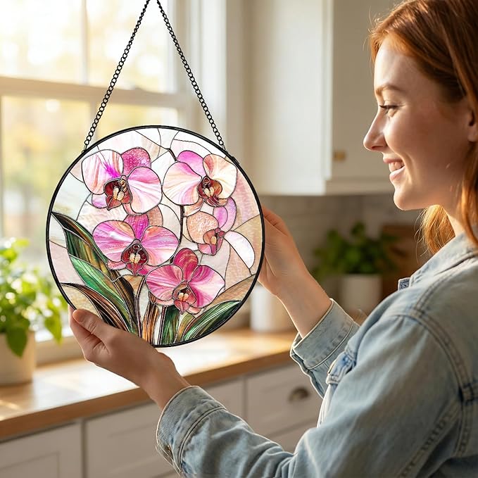 Stained Glass Sun Catcher Window Hanging - Pink Phalaenopsis Orchid Floral Design, Indoor Decor Gifts for Mother's Day, Birthday, Christmas - Perfect for Women, Mom Home Window Decor (Pink) 7.8in