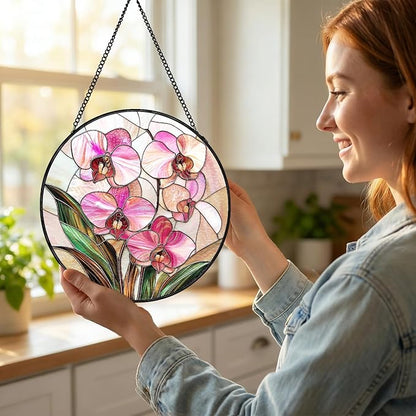 Stained Glass Sun Catcher Window Hanging - Pink Phalaenopsis Orchid Floral Design, Indoor Decor Gifts for Mother's Day, Birthday, Christmas - Perfect for Women, Mom Home Window Decor (Pink) 7.8in