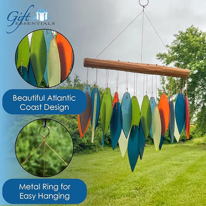 Blue Handworks Atlantic Coast Glass Chime, Sandblasted Glass and Found Wood Handcrafted Wind Chime