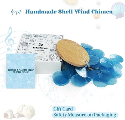 Capiz Shell Wind Chime for Outside 28” Sea Glass Wind Chime Ocean/Beach Themed Chime Gift for Women Mother’s Day Decoration Blue