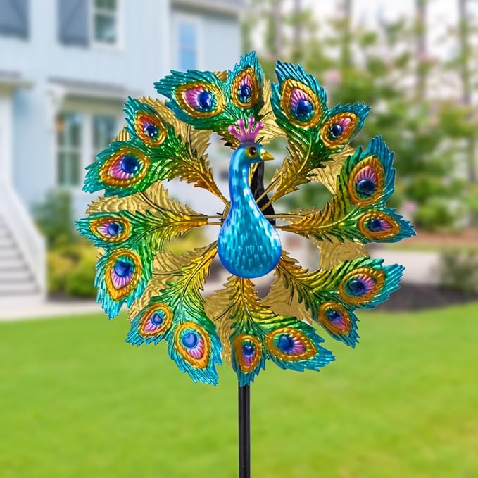 Wind Spinners Outdoor Peacock, 63 Inch Double-Sided Garden Windmill for Yard with 8 Green Feather Blades, Large Metal Garden Wind Spinner