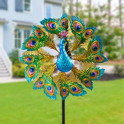 Wind Spinners Outdoor Peacock, 63 Inch Double-Sided Garden Windmill for Yard with 8 Green Feather Blades, Large Metal Garden Wind Spinner