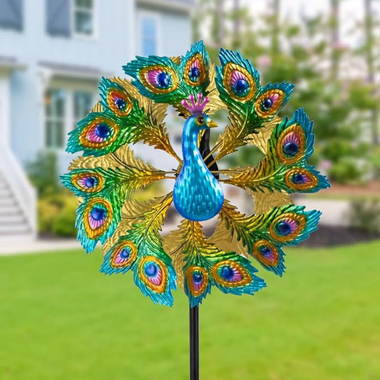 Wind Spinners Outdoor Peacock, 63 Inch Double-Sided Garden Windmill for Yard with 8 Green Feather Blades, Large Metal Garden Wind Spinner