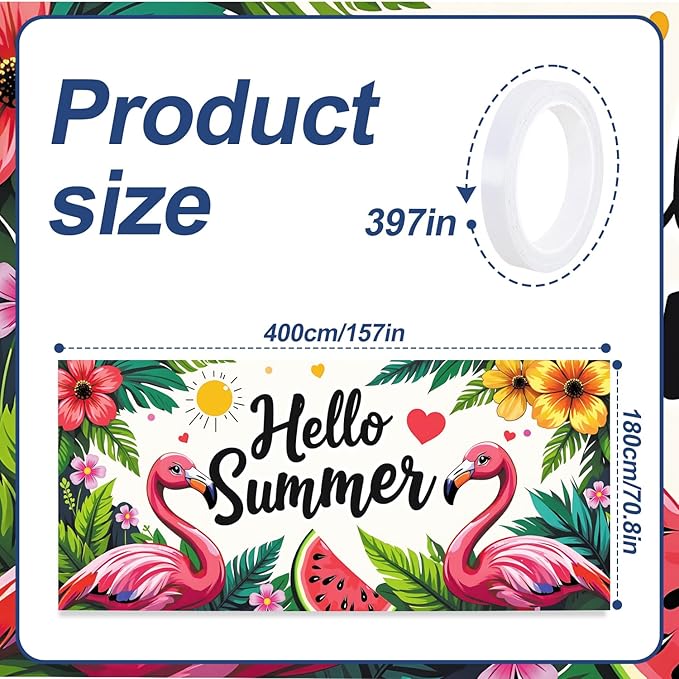 13x6 ft Hello Summer Flamingo Garage Door Banner - Colorful Flamingo Watermelon Pattern with Greeting Backdrop, Hanging Garage Decor - for Summer Welcome Pool Party, Fun Outdoor Wall Sign