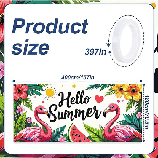 13x6 ft Hello Summer Flamingo Garage Door Banner - Colorful Flamingo Watermelon Pattern with Greeting Backdrop, Hanging Garage Decor - for Summer Welcome Pool Party, Fun Outdoor Wall Sign