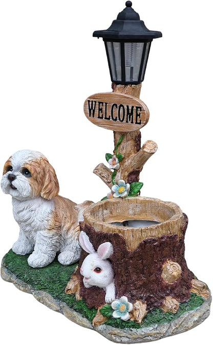 Virubi Sitting Dog Solar Lantern Planter Statue, Solar-Powered LED Lantern & Flower Pot, Weather Resistant Outdoor Decor for Patio Yard Garden Porch Path