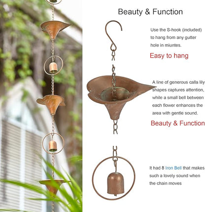 Metal Calla Lilies and Bells Rain Chain for Outside, Functional and Decorative Replacement Downspout Chain for Heavy Rain, Rain Catcher Chain for Gutters, 8.5FT, Patina Golden