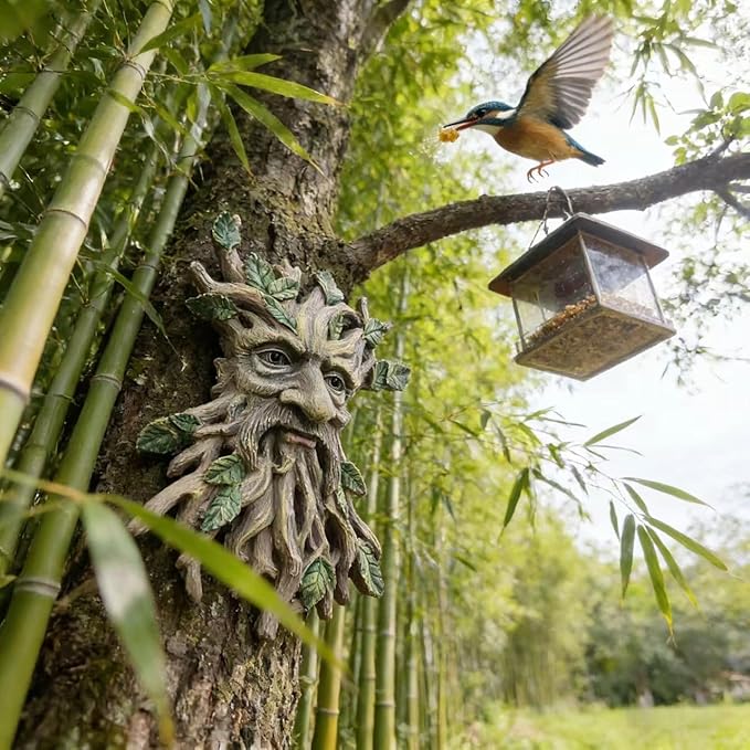 Whimsical Tree Face Garden Decoration ，Tree Faces Decor Outdoor Wallmounted Statue Art with Leaf Features, Outdoor Decor Garden Accessory (Nature and Outdoors)