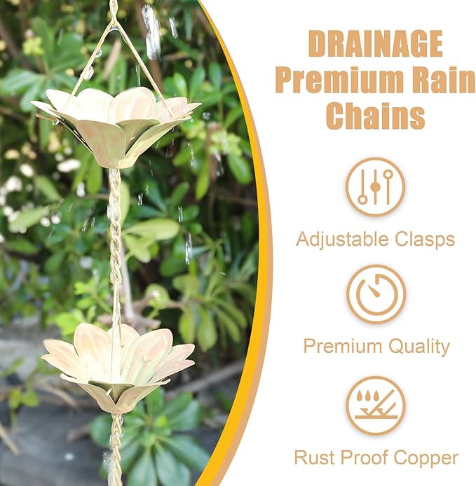 taman Rain Chain Set, 5.6ft Flower Rain Chain for Gutters,Functional and Decorative Replacement Downspout Rain Chain for Outside,Metal Divert Rain Catcher