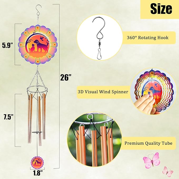 Wind Chimes with Dog Cat Pet 3D Display Wind Spinner for Outside Garden Patio Yard Decor, Metal Decorative Windchimes Outdoor Hanging Gift for Mom Women Grandma Wife, for Christmas, Birthday