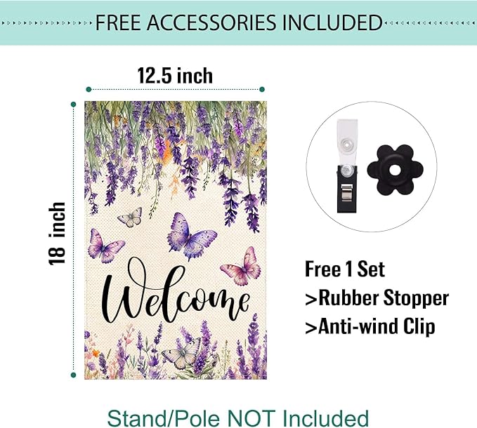 Baccessor Spring Summer Flower Garden Flag Lavender Butterfly Floral Welcome Small Yard Burlap Double Sided Vertical Seasonal Farmhouse Wedding Yard Outdoor Decoration 12.5x18 Inch