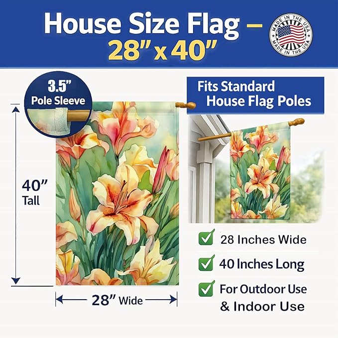 Caroline's Treasures Utah Sego Lilies in Watercolor House Flag Large Porch Sleeve Pole Decorative Outside Yard Banner Artwork Wall Hanging, Polyester, House Size, Multicolor