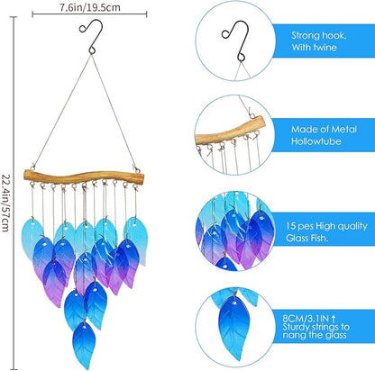 Glass Leaves Wind Chimes for Outdoor Memorial Decor - Unique Wind Chimes for Garden, Yard, Porch & Christmas, Durable Outside Christmas Decoration with Handcrafted Glass Design