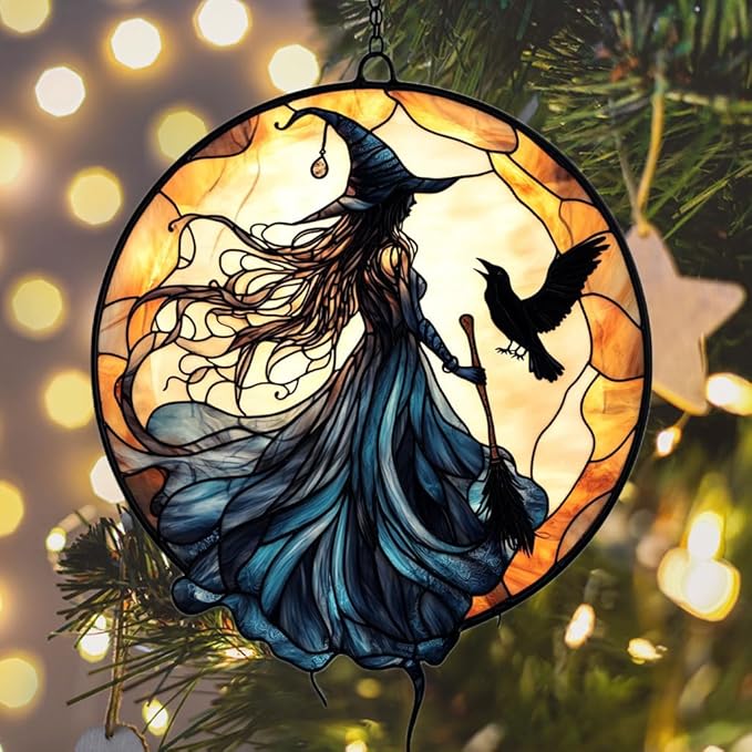 Witch Faux Mosaic Acrylic Suncatcher Stained Glass Effect Window Car Hanging Christmas Ornament Indoor Outdoor Decor Garden Sun Catcher Panel for Acrylic Suncatcher Lover for Women Mom Grandma