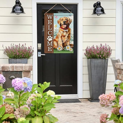 Dyrenson Welcome Golden Retriever Dog 28 x 40 House Flag Double Sided, Paw Prints Garden Yard Decoration Pet Owner Lover Gift, Spring Summer Burlap Outdoor Decor Decorative Large Flag