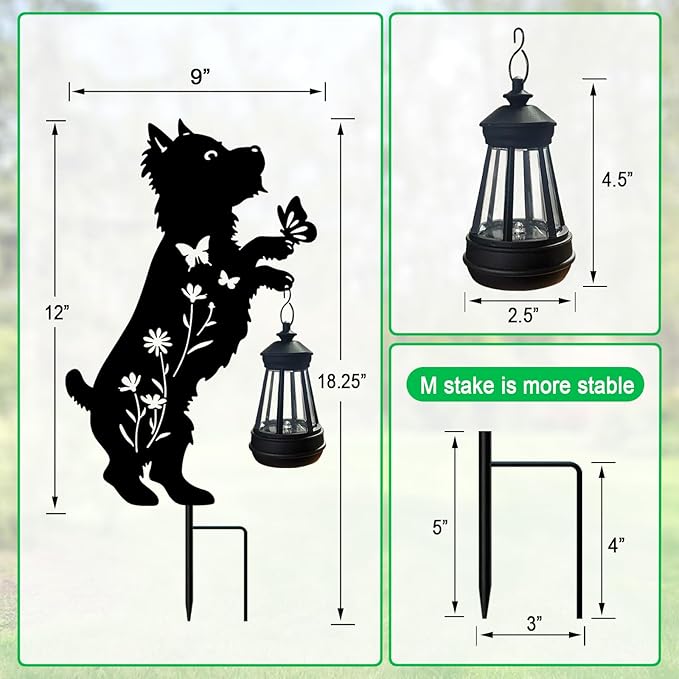 Solar Lights Outdoor Pathway,2 Pack Metal Yorkie Decor with Solar Lantern Garden Stakes,Outside Decorations for Yard,Lawn,Patio,Perfect Dog Gifts for Women