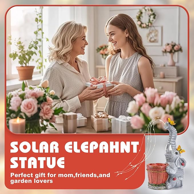 HUYIENO Solar Elephant Statue Garden Light Cute Resin Outdoor Decor with Watering Can Fairy Lights Waterproof Yard Patio Lawn Decoration Unique Gift for Elephant Lovers