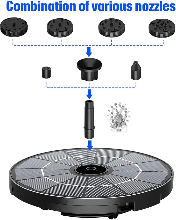 AISITIN 2.8W Solar Fountain Pump for Bird Bath Upgraded 2026, Floating Solar Powered Water Fountain Built-in 1000mAh Battery with 7 Nozzles & 3 Integrated Bracket for Bird Bath and Outdoor Garden