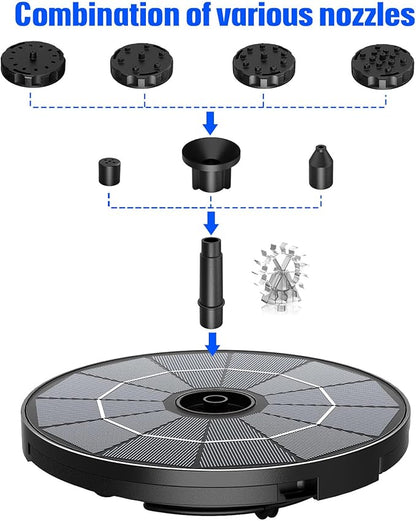 AISITIN 2.8W Solar Fountain Pump for Bird Bath Upgraded 2026, Floating Solar Powered Water Fountain Built-in 1000mAh Battery with 7 Nozzles & 3 Integrated Bracket for Bird Bath and Outdoor Garden