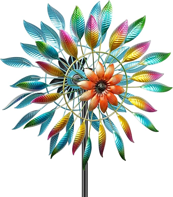 64in Wind Spinners Outdoor, Garden Wind Spinner Windmill with 5 Prong Base Stand, Metal Pinwheels for Yard Lawn Yard Art Outdoor Decor(A-Colorful)