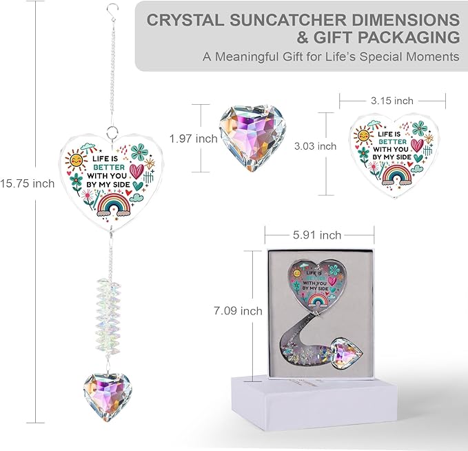 Gifts for Girlfriend, Best Friend, Sisters, Mom,Daughters,Crystal Suncatcher Ornament with Quote “Life is Better with You by My Side”Birthday Gifts,Window Hanging Decor