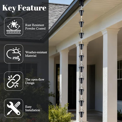 Rain Chains for Gutters Outside Black Powder Coated Downspouts Rain Catcher Diverter Metal Outdoor Decorative, 8.5 FT