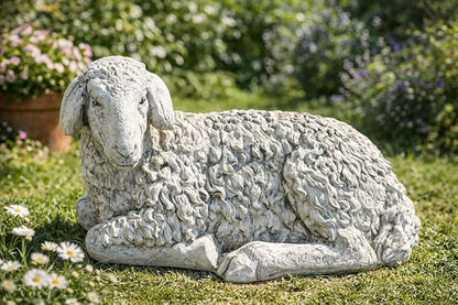 Lamb Laying Statue Concrete Sheep Outdoor Sculpture Painted Figure Farm Animal Figurine Cement Yard Decoration Lawn or Patio Stone Ornament Farmhouse Art