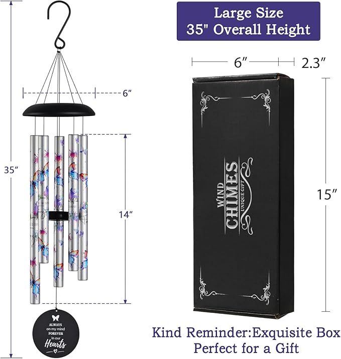 Butterfly Watercolor Memorial Wind Chimes for Loss of Loved One Mother Father,Memorial Sympathy Gifts Baskets & Funeral Bereavement Gift idea,Wind Chimes for Outside in Memory of a Loved One Mom