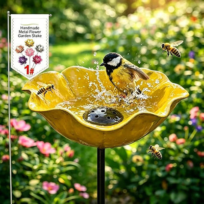 Metal Flower Garden Stakes Bird Bath Handmade, Bee Watering Station, Bees Bath for Garden Metal Bee Water Feeder with Flower Design, Colorful Butterfly Bees Bath Bowl for Outdoor Yard Decor (1PCS-b)