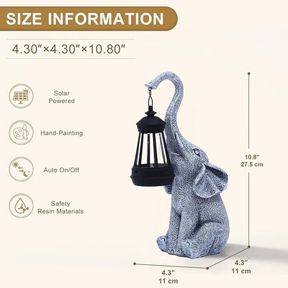 Garden Statues Elephant with Solar Lantern Outdoor Figurines Decorations for Patio Yard Lawn Ornaments Gifts for Birthday Mom Housewarming(Gray)