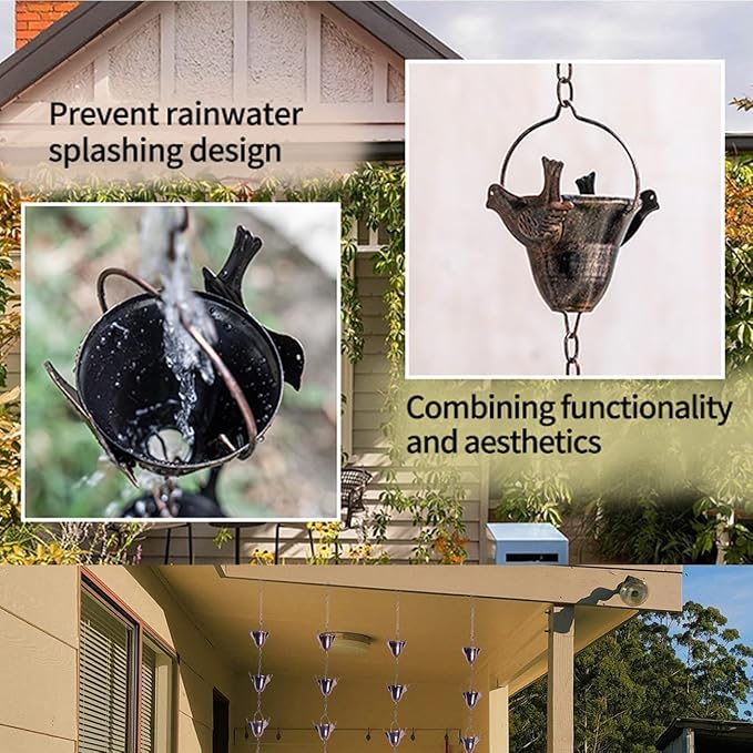 Topadorn 8.5ft Hummingbird & Bell Rain Chain for Gutters – 12 Cups Rain Collector, Adjustable Length, Functional Decorative Downspout Replacement for Outdoor Garden