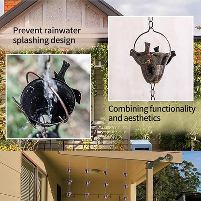 Topadorn 8.5ft Hummingbird & Bell Rain Chain for Gutters – 12 Cups Rain Collector, Adjustable Length, Functional Decorative Downspout Replacement for Outdoor Garden