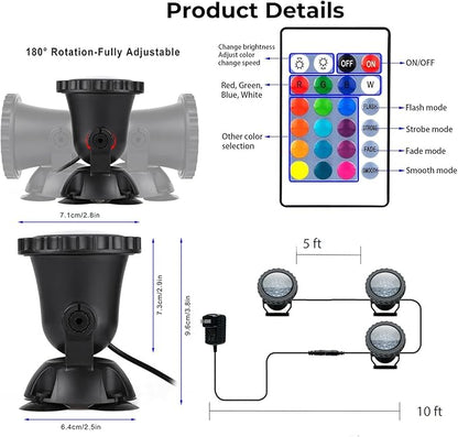 Pond Lights, LED Underwater RGB Color Changing Spotlight Dimmable IP68 Waterproof Submersible Fountain Lights Outdoor Landscape Spot Lights, 3 in Set
