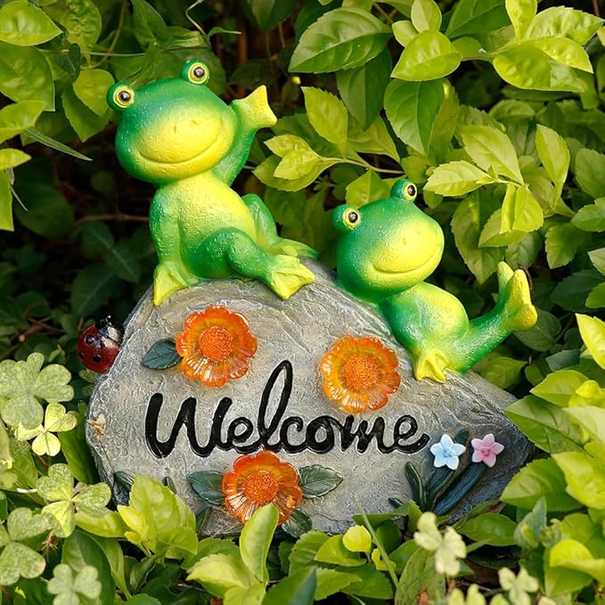Generic Solar Garden Outdoor Statues Solar Frog Garden Decor Lawn Decor Frog Figurine for Patio with 4 LED Light Cute Frog Face with Solar Lights Gardening Gifts for Mom, Green
