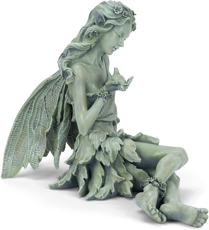 Napco Reclining Fairy with Bird 12 x 18.5 Inch Green Resin Cast Garden Statue