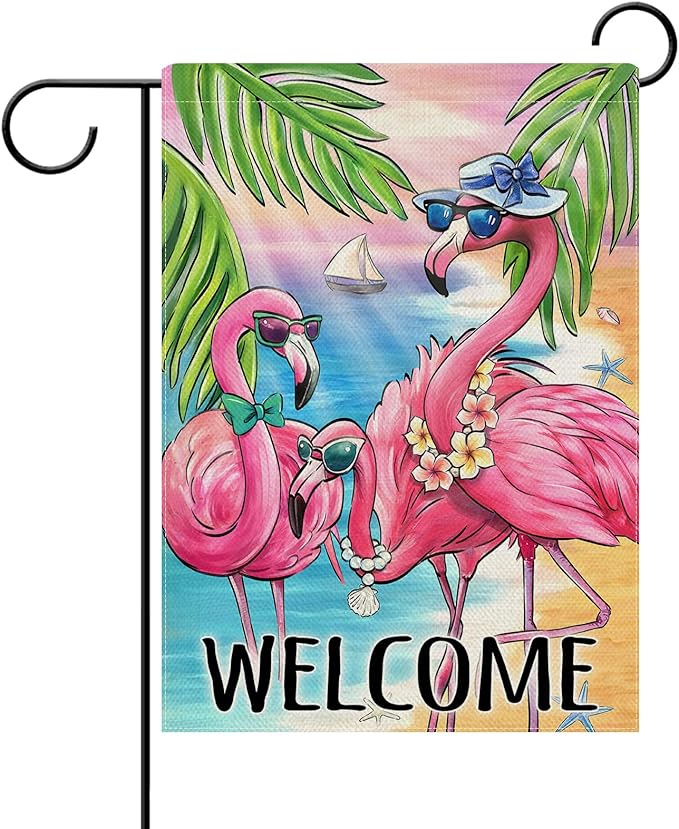 Dyrenson Welcome Summer Flamingo Decorative Garden Flag, Beach Coastal Tropical Palm Leaves Yard Outside Home Decoration, Hawaii Nautical Seasonal Burlap Outdoor Small Decor Double Sided 12 x 18