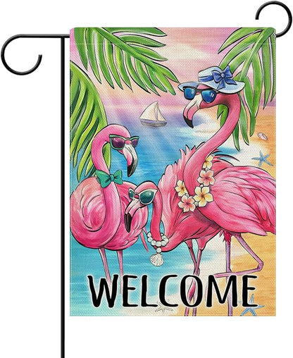 Dyrenson Welcome Summer Flamingo Decorative Garden Flag, Beach Coastal Tropical Palm Leaves Yard Outside Home Decoration, Hawaii Nautical Seasonal Burlap Outdoor Small Decor Double Sided 12 x 18