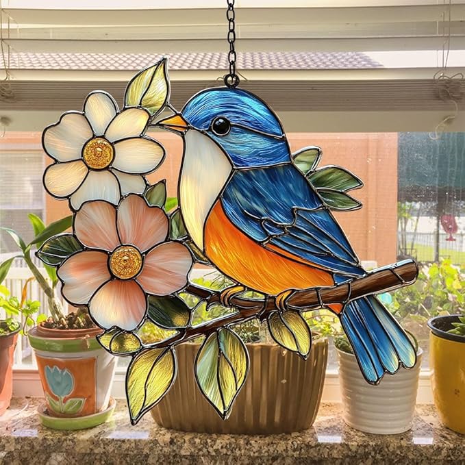Bluebird Acrylic Suncatcher Stained Glass Effect Window Car Hanging Christmas Ornament Indoor Outdoor Decor Garden Sun Catcher Panel for Acrylic Suncatcher Lover for Women Mom Grandma
