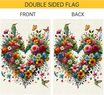 Colorful Floral Love Hearts Garden Flag 12x18 Inch Double Sided Small Burlap Birds Flowers Butterflies Outdoor Decorations Spring Summer Garden Flags Patio Yard Outside Decor