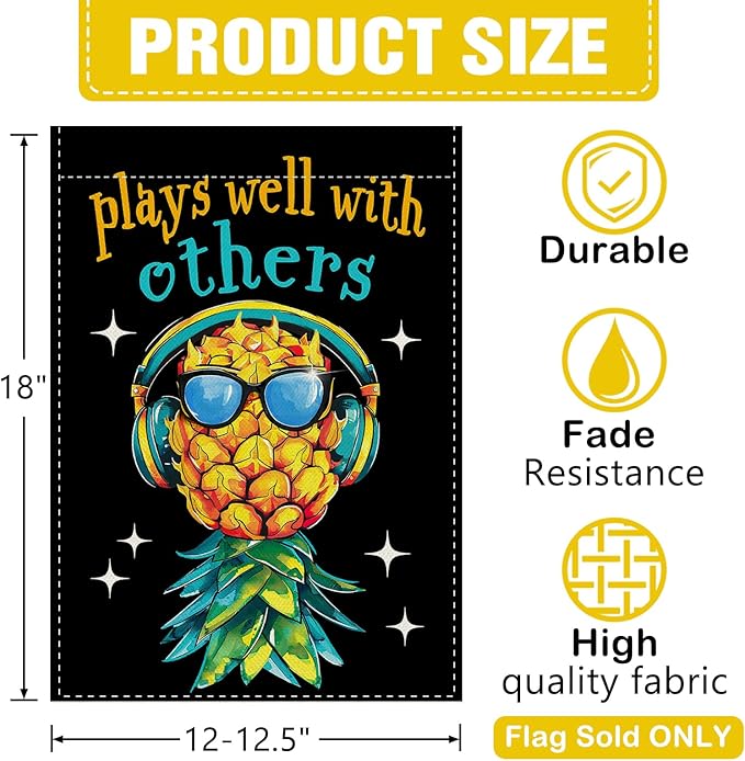 Dyrenson Upside Down Pineapple Decorative Garden Flag, Plays Well With Others Yard Outside Home Decoration, Funny Swinger Party Burlap Outdoor Small Decor Double Sided 12 x 18