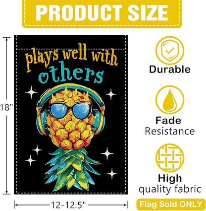 Dyrenson Upside Down Pineapple Decorative Garden Flag, Plays Well With Others Yard Outside Home Decoration, Funny Swinger Party Burlap Outdoor Small Decor Double Sided 12 x 18