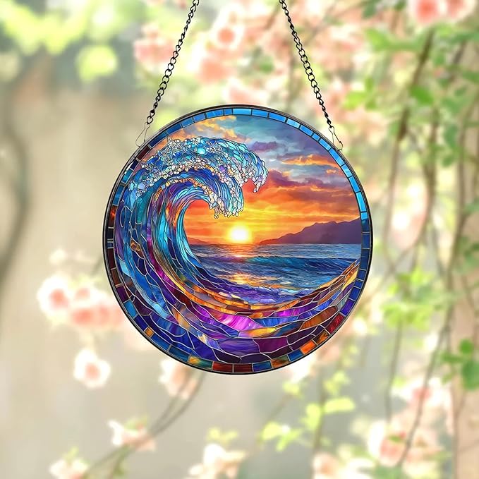 Stained Glass Window Hanging, Ocean Wave Sunset Sun Catchers 7.8 in Coastal Beach Glass Panel Suncatcher Decor for Birthday for Women, Men, Wife, and Mom