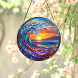 Stained Glass Window Hanging, Ocean Wave Sunset Sun Catchers 7.8 in Coastal Beach Glass Panel Suncatcher Decor for Birthday for Women, Men, Wife, and Mom
