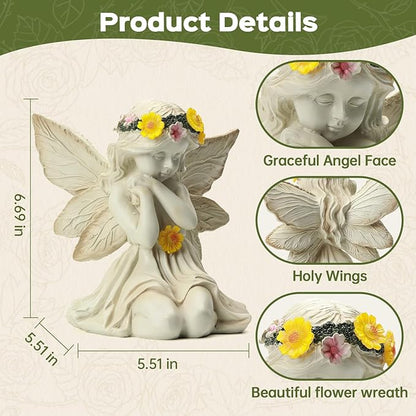 Solar Angel Garden Statue Outdoor Decor, Angel Figurines with Garland Flower Light, Cemetery Decoration for Grave, Yard, Patio, Balcony, House Warming Birthday Gifts for Women, Mom, Grandma