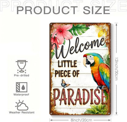 Garden Signs for Outside Welcome to Our Little Piece of Paradise, Funny Metal Signs for Home Garden Patio Yard, Retro Gardening Gifts for Women, Wall Decor 12" x 8"