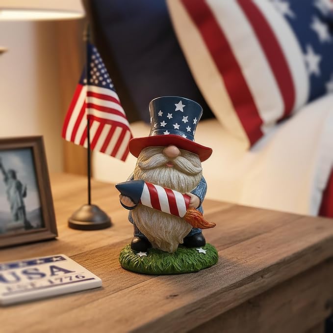 Patriotic Garden Gnome Statue with Firework – Resin Fourth of July Gnome Decoration for Yard, Garden & Home, Independence Day Decor